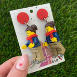 Christmas Ice Skating Girl Brick Earrings- Festive Girl on Ice Skates Dangle Earrings, Featuring Glitzy Red Tops