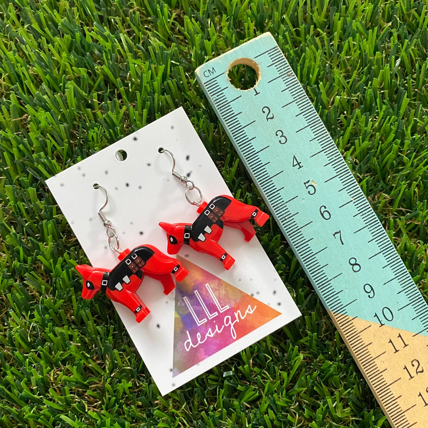 Brick Person Earrings - #26 Red and Black Super Hero Earrings with Doggo Sidekick Matching Earrings - Earring Set