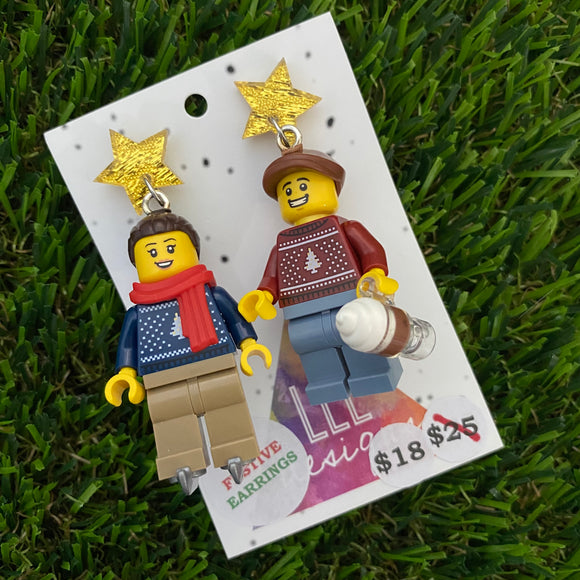 Christmas Couple Brick Earrings- Seasonal Couple with Ice Skates and Hot Chocolate Dangle Earrings, Featuring Festive Gold Star Tops.