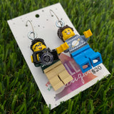 Christmas Partners Brick Earrings- Seasonal Couple with Camera, Dangle Earrings, Featured on Surgical Stainless Steel Hoops.