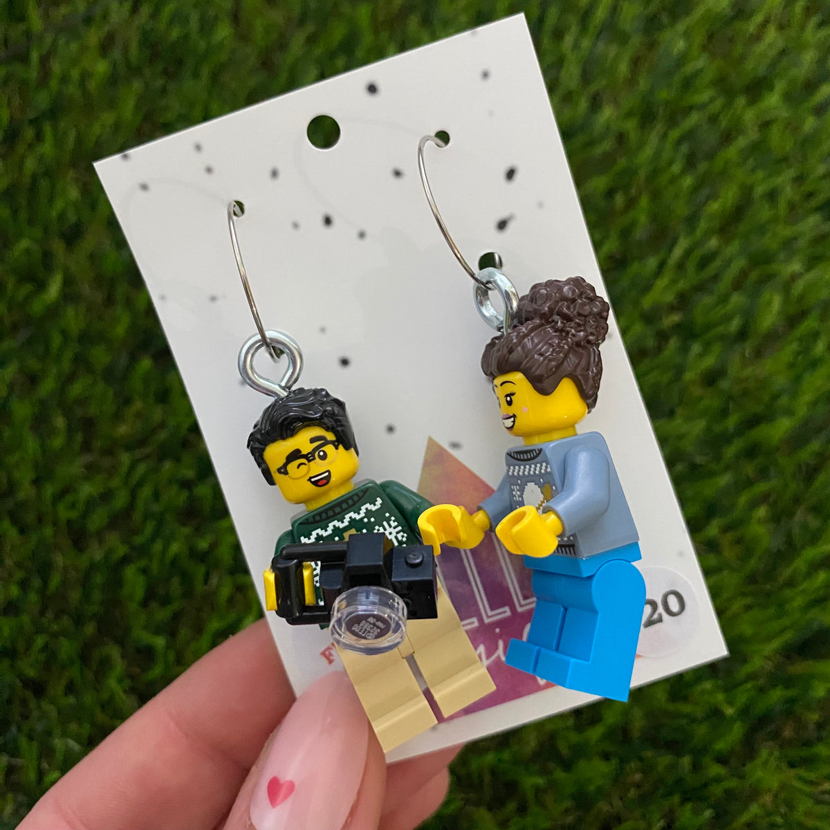 Christmas Partners Brick Earrings- Seasonal Couple with Camera, Dangle Earrings, Featured on Surgical Stainless Steel Hoops.