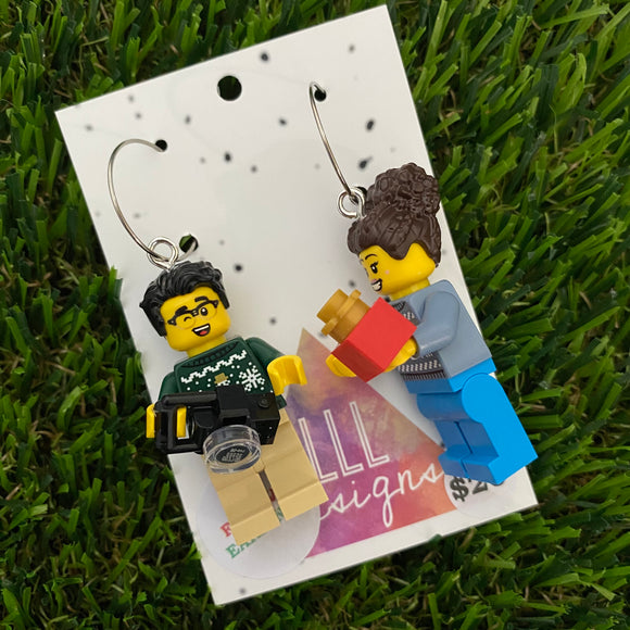 Christmas Gift Partners Brick Earrings- Seasonal Couple with Camera and Present Dangle Earrings, Featured on Surgical Stainless Steel Hoops.