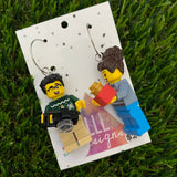 Christmas Gift Partners Brick Earrings- Seasonal Couple with Camera and Present Dangle Earrings, Featured on Surgical Stainless Steel Hoops.