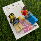 Christmas Gift Partners Brick Earrings- Seasonal Couple with Camera and Present Dangle Earrings, Featured on Surgical Stainless Steel Hoops.