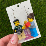 Christmas Gift Partners Brick Earrings- Seasonal Couple with Camera and Present Dangle Earrings, Featured on Surgical Stainless Steel Hoops.