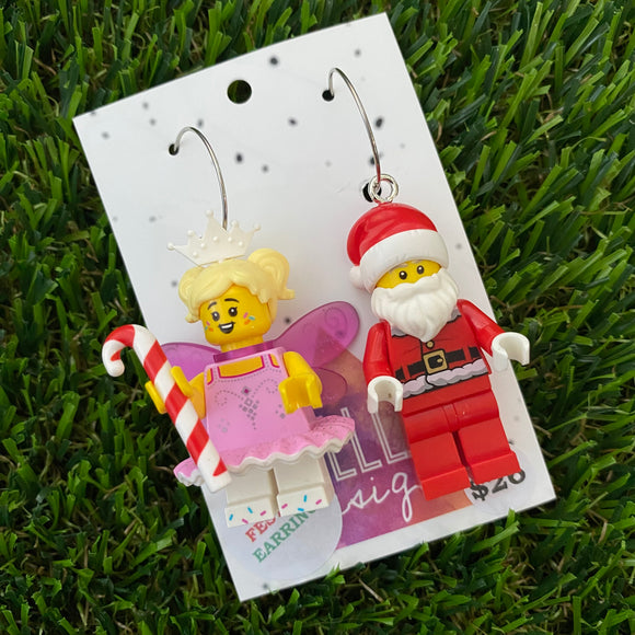 Candy Cane Fairy Princess and Santa Brick Earrings- Christmas Dangle Earrings, Featured on Surgical Stainless Steel Hoops.