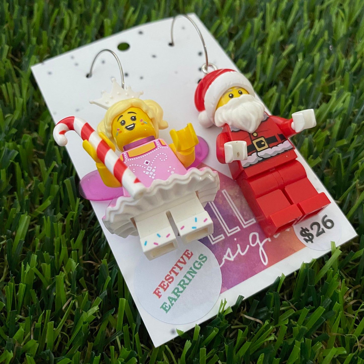 Candy Cane Fairy Princess and Santa Brick Earrings- Christmas Dangle Earrings, Featured on Surgical Stainless Steel Hoops.