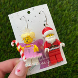 Candy Cane Fairy Princess and Santa Brick Earrings- Christmas Dangle Earrings, Featured on Surgical Stainless Steel Hoops.