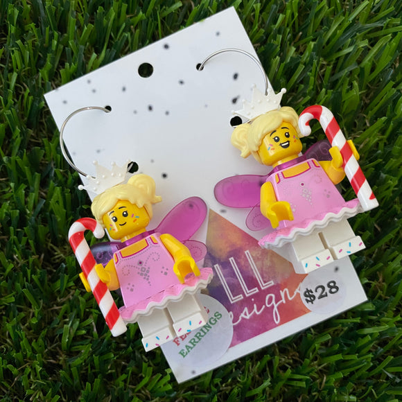 Candy Cane Fairy Princess Brick Earrings- Christmas Dangle Earrings, Featured on Surgical Stainless Steel Hoops