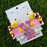 Candy Cane Fairy Princess Brick Earrings- Christmas Dangle Earrings, Featured on Surgical Stainless Steel Hoops