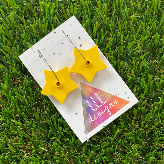 Star Earrings - Bright Yellow Star Brick Hoop Dangle Earrings. Super Fun and Cute with any Outfit!