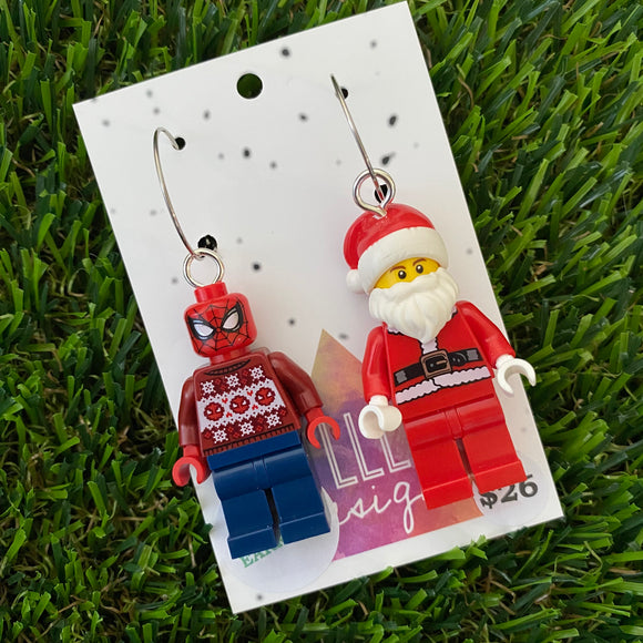Red Masked Superhero and Santa Brick Earrings- Festive Christmas Dangle Earrings, Featured on Surgical Stainless Steel Hoops.