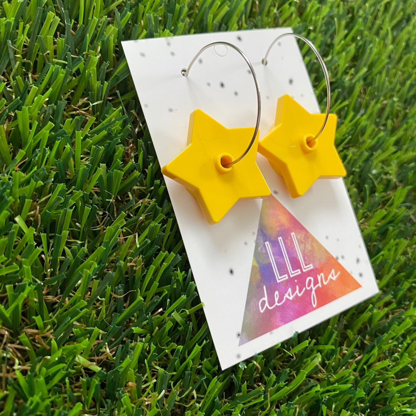 Star Earrings - Bright Yellow Star Brick Hoop Dangle Earrings. Super Fun and Cute with any Outfit!