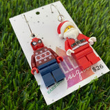 Red Masked Superhero and Santa Brick Earrings- Festive Christmas Dangle Earrings, Featured on Surgical Stainless Steel Hoops.