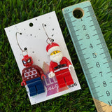 Red Masked Superhero and Santa Brick Earrings- Festive Christmas Dangle Earrings, Featured on Surgical Stainless Steel Hoops.