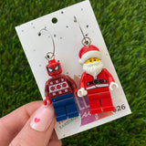 Red Masked Superhero and Santa Brick Earrings- Festive Christmas Dangle Earrings, Featured on Surgical Stainless Steel Hoops.