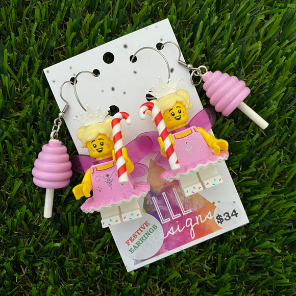 Christmas Fairy Earrings - Candy Cane Christmas Fairy Brick Earrings, on Surgical Stainless Steel Hoops- Christmas Dangle Earrings including second pair of Fairy Floss Hook Earrings as a Special Extra!!!