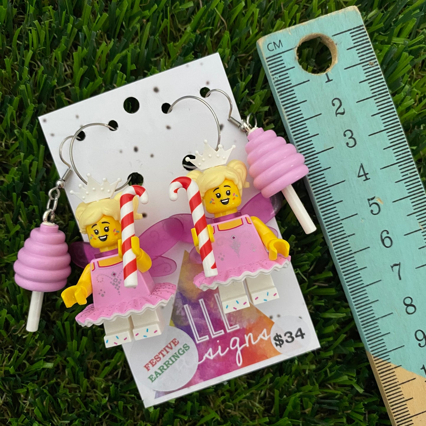 Christmas Fairy Earrings - Candy Cane Christmas Fairy Brick Earrings, on Surgical Stainless Steel Hoops- Christmas Dangle Earrings including second pair of Fairy Floss Hook Earrings as a Special Extra!!!