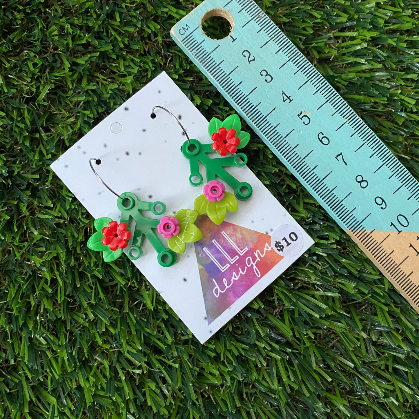 Floral Earrings - #7 Medium Botanical Hoop Dangle Earrings - Green Leaves Featuring Pops of Pink + Red Flowers.