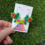 Floral Earrings - #7 Medium Botanical Hoop Dangle Earrings - Green Leaves Featuring Pops of Pink + Red Flowers.