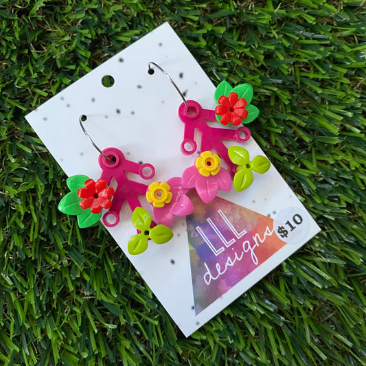 Floral Earrings - #8 Medium Botanical Hoop Dangle Earrings - Dark Pink Branches Featuring Pops of Red+ Yellow Flowers.