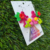 Floral Earrings - #8 Medium Botanical Hoop Dangle Earrings - Dark Pink Branches Featuring Pops of Red+ Yellow Flowers.