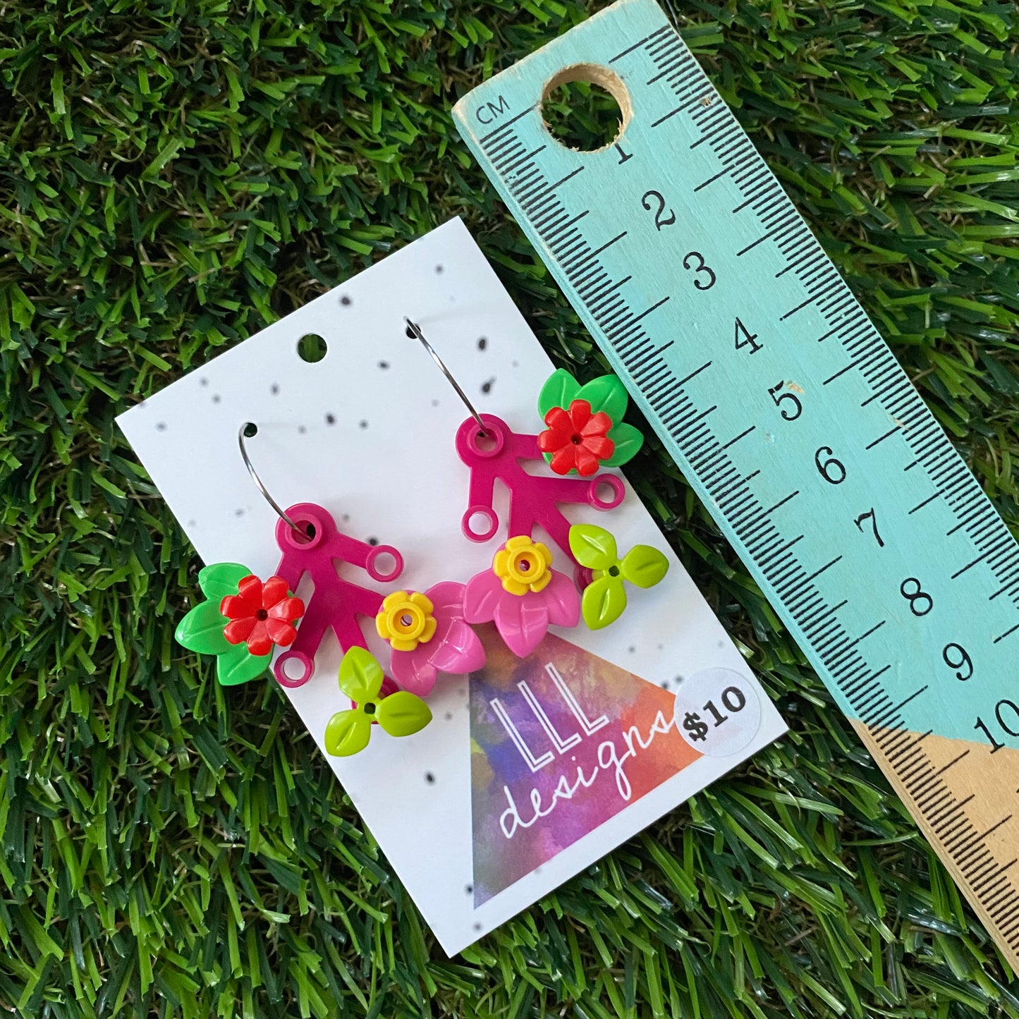 Floral Earrings - #8 Medium Botanical Hoop Dangle Earrings - Dark Pink Branches Featuring Pops of Red+ Yellow Flowers.
