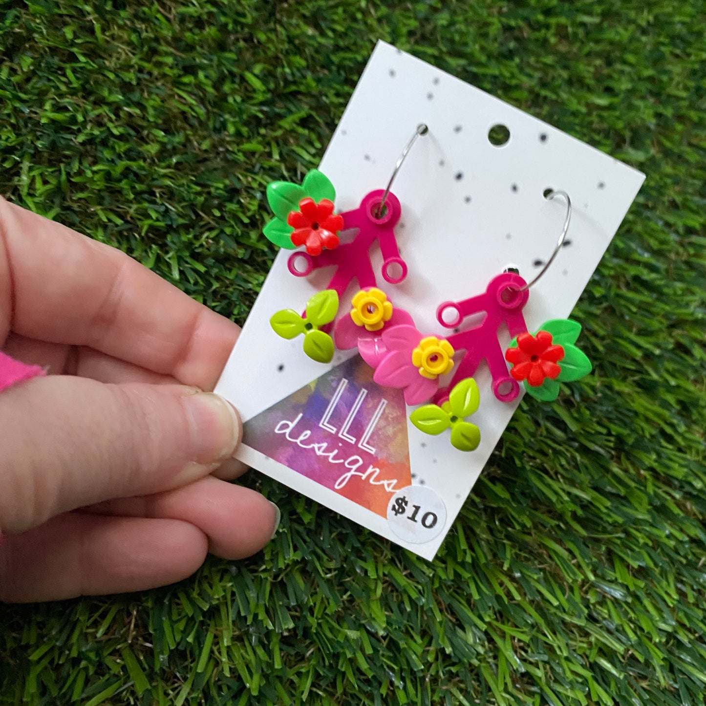 Floral Earrings - #8 Medium Botanical Hoop Dangle Earrings - Dark Pink Branches Featuring Pops of Red+ Yellow Flowers.
