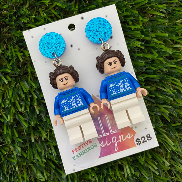 Christmas Star Space Princess Earrings- Festive Christmas Sweater Space Princess Dangle Earrings, Featuring Glitzy Blue Tops
