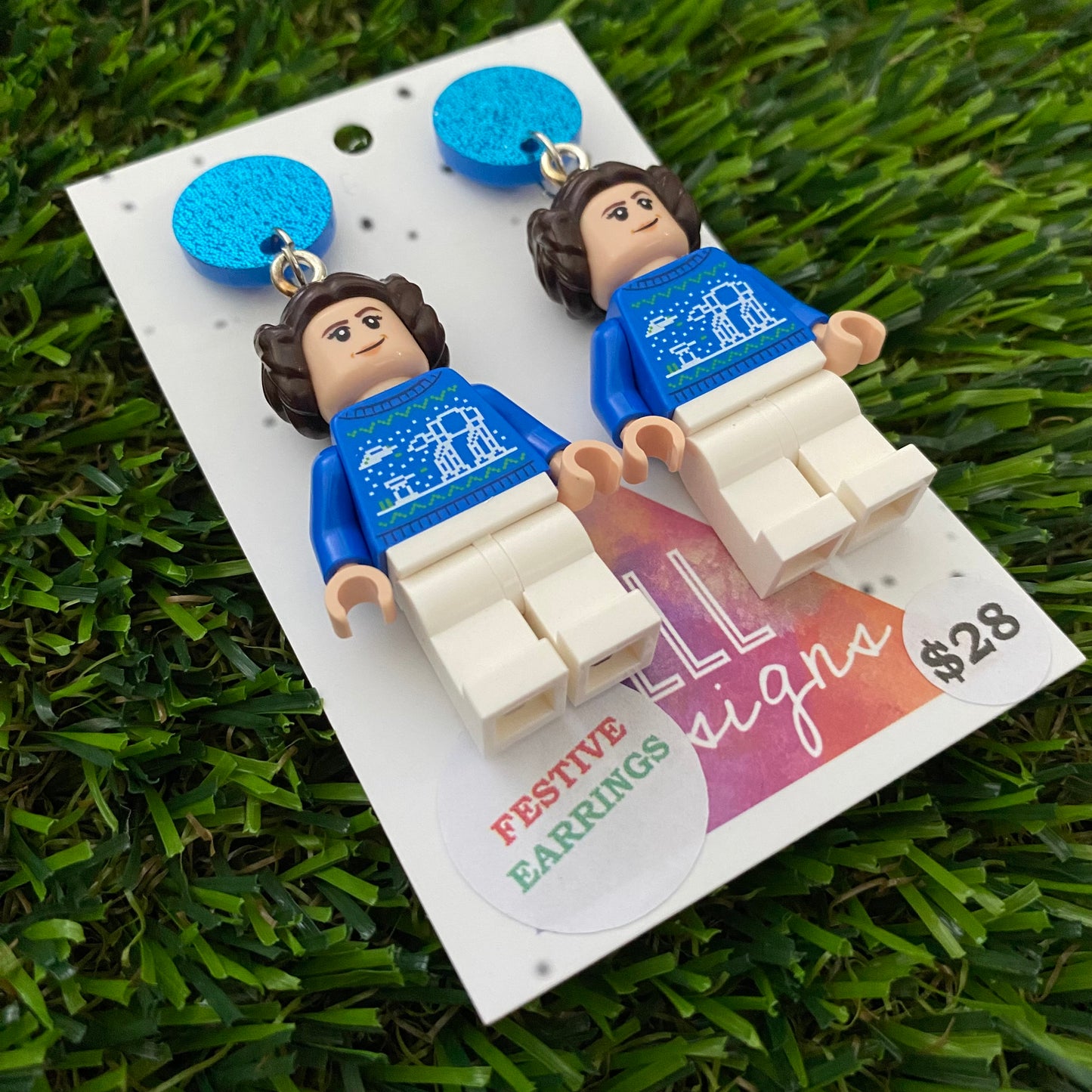 Christmas Star Space Princess Earrings- Festive Christmas Sweater Space Princess Dangle Earrings, Featuring Glitzy Blue Tops