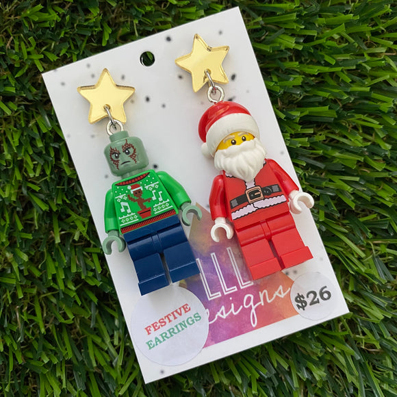 Christmas Galactic Hero and Santa Earrings- Galactic Hero and Santa Christmas Dangle Earrings, Featuring Festive Gold Mirror Tops.