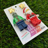 Christmas Galactic Hero and Santa Earrings- Galactic Hero and Santa Christmas Dangle Earrings, Featuring Festive Gold Mirror Tops.