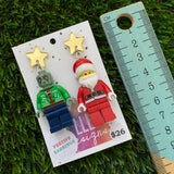 Christmas Galactic Hero and Santa Earrings- Galactic Hero and Santa Christmas Dangle Earrings, Featuring Festive Gold Mirror Tops.