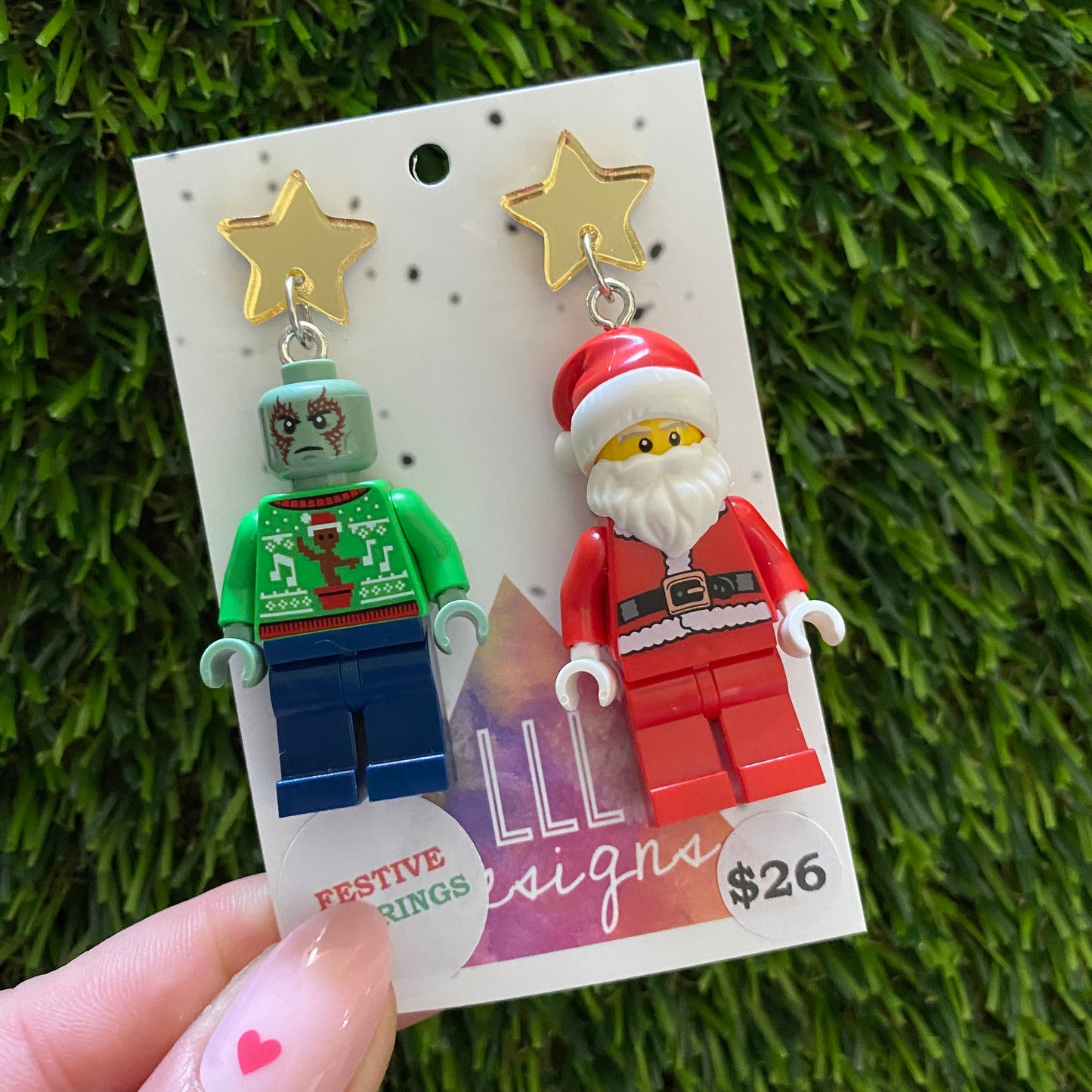 Christmas Galactic Hero and Santa Earrings- Galactic Hero and Santa Christmas Dangle Earrings, Featuring Festive Gold Mirror Tops.