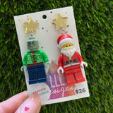 Christmas Galactic Hero and Santa Earrings- Galactic Hero and Santa Christmas Dangle Earrings, Featuring Festive Gold Mirror Tops.