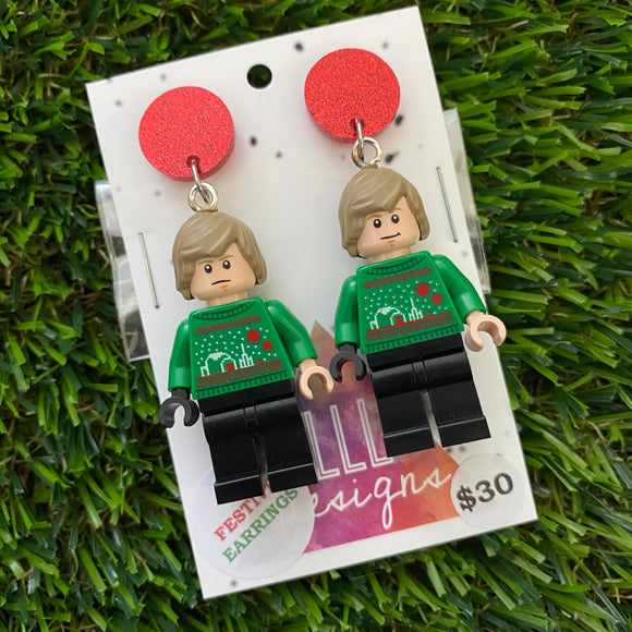 Christmas Star Space Hero Earrings- Festive Christmas Sweater Star Space Hero Dangle Earrings, Featuring Sparkly Red Tops.