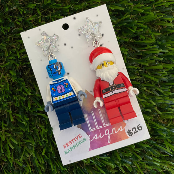 Christmas Galactic Girl and Santa Earrings- Galactic Girl and Santa Christmas Dangle Earrings, Featuring Festive Silver Mirror Tops.