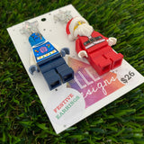 Christmas Galactic Girl and Santa Earrings- Galactic Girl and Santa Christmas Dangle Earrings, Featuring Festive Silver Mirror Tops.