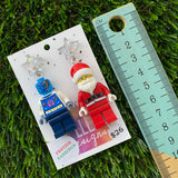Christmas Galactic Girl and Santa Earrings- Galactic Girl and Santa Christmas Dangle Earrings, Featuring Festive Silver Mirror Tops.