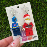 Christmas Galactic Girl and Santa Earrings- Galactic Girl and Santa Christmas Dangle Earrings, Featuring Festive Silver Mirror Tops.