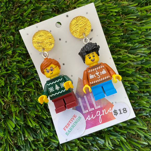 Christmas Kid Brick Earrings- Christmas Sweater Kids Dangle Earrings, Featuring Glitzy Yellow Tops.