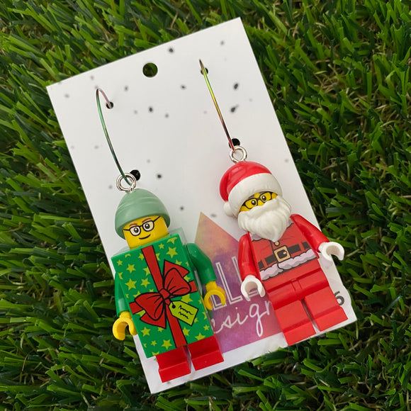 Christmas Santa and Present Brick Earrings- Festive Dangle Earrings of Santa and Present Costume Man, Featuring Surgical Stainless Steel Hoops