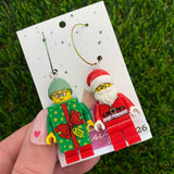 Christmas Santa and Present Brick Earrings- Festive Dangle Earrings of Santa and Present Costume Man, Featuring Surgical Stainless Steel Hoops