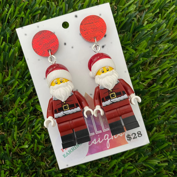 Santa Claus Christmas Brick Earrings- Maroon Santa Festive Earrings, Featuring a Glitzy Red Top