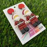 Santa Claus Christmas Brick Earrings- Maroon Santa Festive Earrings, Featuring a Glitzy Red Top