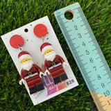 Santa Claus Christmas Brick Earrings- Maroon Santa Festive Earrings, Featuring a Glitzy Red Top