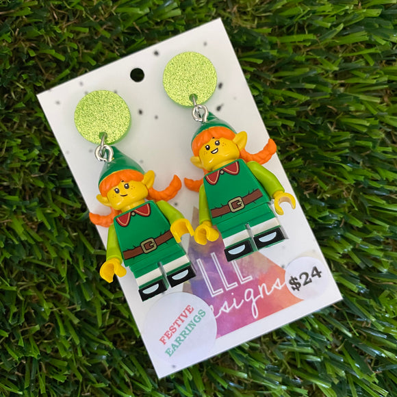 Christmas Elf Girl Brick Earrings- Festive Christmas Elf Girl Dangle Earrings, Featuring a Glitzy Lime Green Top
