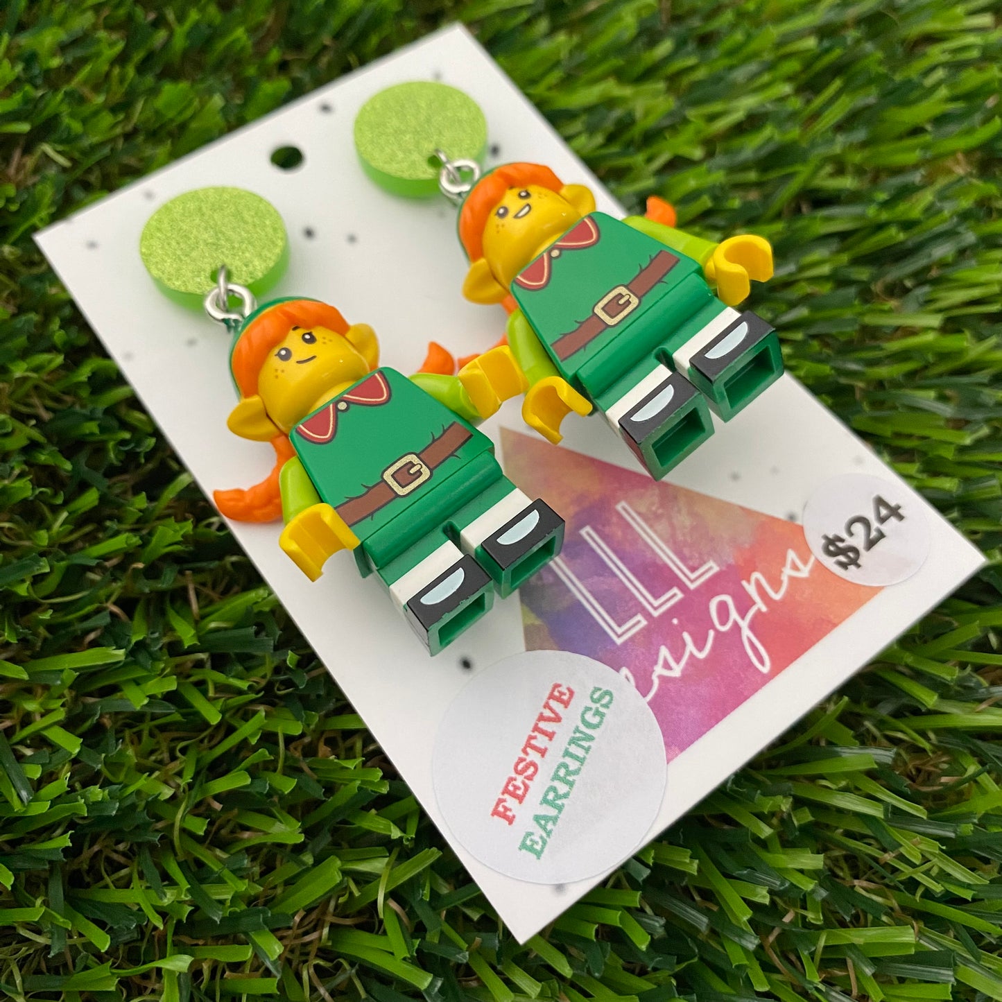 Christmas Elf Girl Brick Earrings- Festive Christmas Elf Girl Dangle Earrings, Featuring a Glitzy Lime Green Top