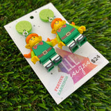 Christmas Elf Girl Brick Earrings- Festive Christmas Elf Girl Dangle Earrings, Featuring a Glitzy Lime Green Top