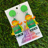 Christmas Elf Girl Brick Earrings- Festive Christmas Elf Girl Dangle Earrings, Featuring a Glitzy Bright Green Top.